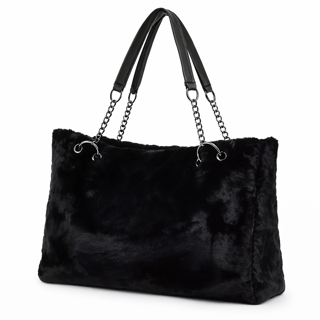 Плюшена чанта с верижки и кожена дръжка - A28